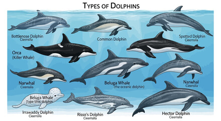 Educational Chart Illustrating Various Types of Dolphins and Marine Mammals © infah