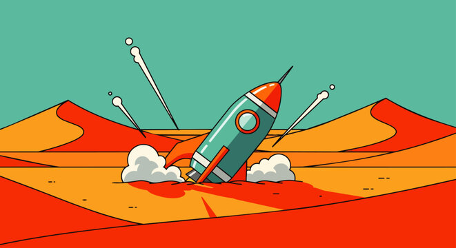 cartoon rocket crash landing in a vibrant desert landscape illustrating a space exploration mishap or unexpected journey setbacks.