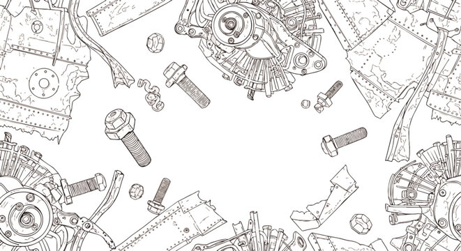 scattered mechanical debris and broken machine parts including nuts bolts and metal scraps perfect for industrial and engineering concepts.