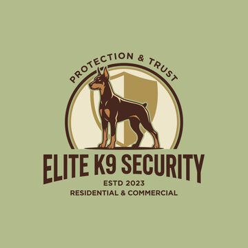 This professional logo presents a robust dog symbolizing security and trust, framed by a shield design, ideal for a K9 security service brand emphasizing protection.