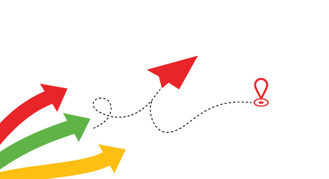 Abstract business strategy showing three colored arrows merging into a red paper plane flying toward a destination map marker.