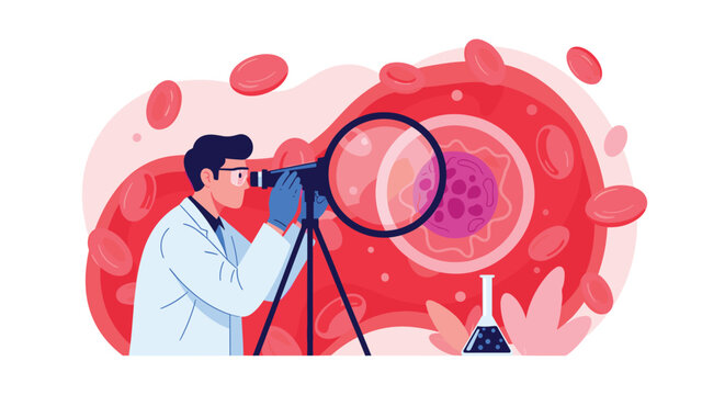 Male medical scientist wearing a lab coat and gloves looking through a magnifying lens at microscopic red blood cells.