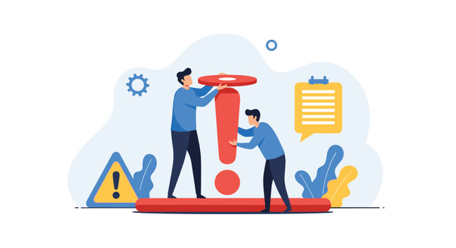 Two professional men working together to assemble a large red exclamation mark symbolizing an important alert or warning.
