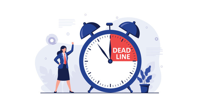 Professional woman standing next to a giant alarm clock with a red section marked deadline indicating urgent time management.