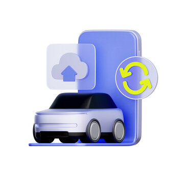 3D illustration of car with cloud upload for vehicle data sync, autonomous driving systems, OTA update apps, and smart mobility dashboards.
