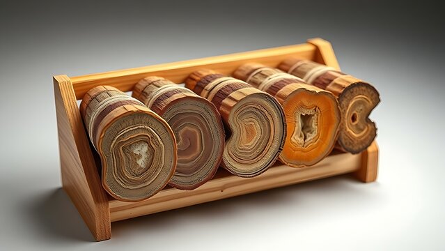 pushdown. Geological core samples on a wooden rack, revealing stratified earth layers. STEM education sheets, lab safety posters, designed for STEM education and laboratory safety posters.