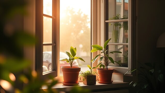 hesperidium. Potted plants being moved to a sunny windowsill with warm morning light. lifestyle magazines, social media lookbooks, designed for influencer and brand collaborations.