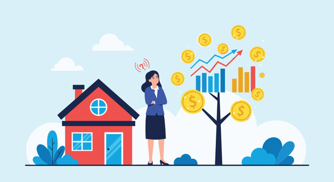 Confused woman standing between a residential house and a financial money tree pondering her next investment decision.