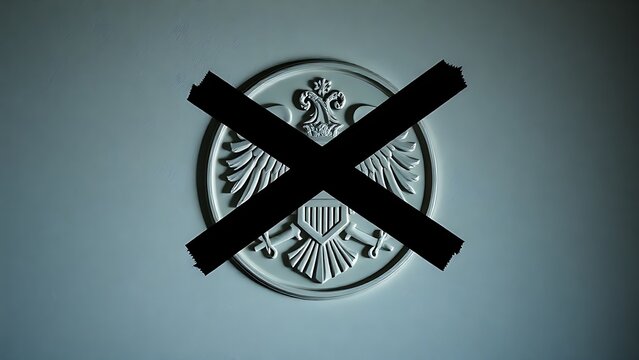 pantheism. A pristine emblem crossed out with a harsh black X on a textured wall. event programs, museum guides, designed for cultural heritage projects and event programs, preserves heritage.