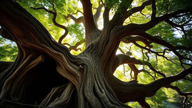 traitor. Ancient tree with hollow trunk and thriving green canopy, sunlight filtering through leaves. gardening catalogs, home-decor guides, designed for home decor and floral branding.