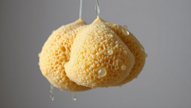 tonalite. A heavy natural sea sponge saturated with water, drooping under its weight on a neutral background. wildlife magazines.