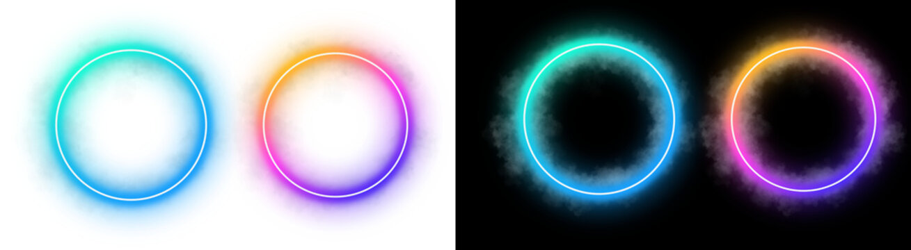 PNG image of&nbsp;Collection of two vibrant, glowing neon circle frames surrounded by ethereal smoke effects on transparent background