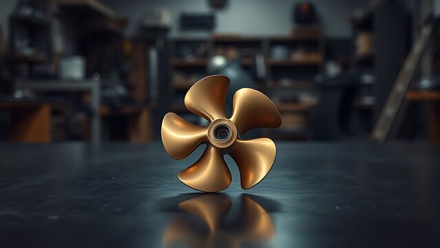 impeller. A single bronze impeller component isolated on a dark workshop table. safety posters, maintenance manuals, designed for precision metalworking and fabrication facilities, used by engineers.