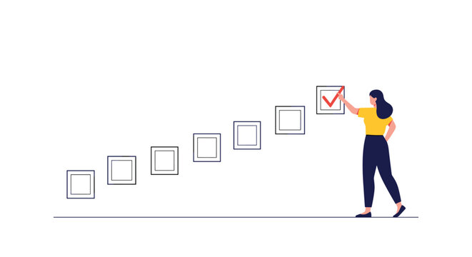 Businesswoman completing the final step on a rising staircase of checkboxes to symbolize achievement, goal setting, and progress.