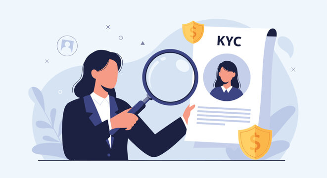 Compliance officer using a magnifying glass to inspect a kyc document for identity verification and financial security standards.