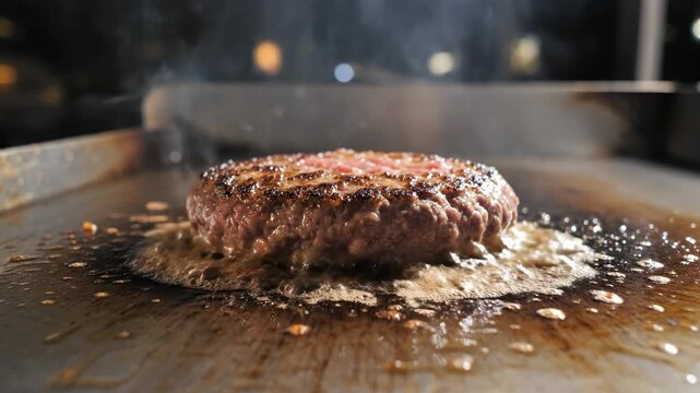 Beef burger patty grilling on a hot flat-top griddle with steam