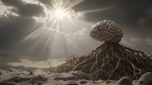 sunbeam. A luminous sunbeam breaks through storm clouds to illuminate a human brain model made of intricate, healthy tree roots. ESG reports.