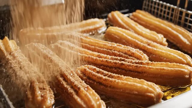 Churros frying in bubbling hot oil in a professional deep fryer