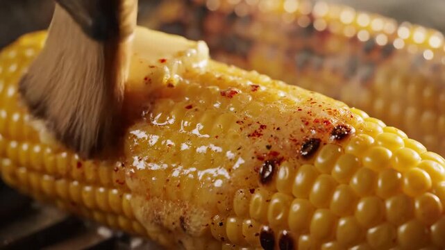 Brushing melted butter onto grilled seasoned corn on the cob