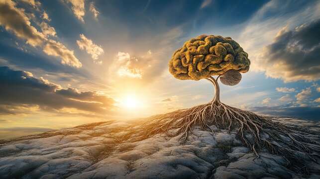 sunbeam. A luminous sunbeam breaks through storm clouds to illuminate a human brain model made of intricate, healthy tree roots. ESG reports.