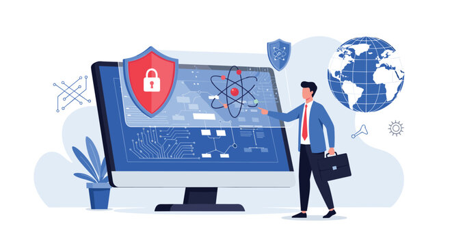 Security specialist standing by a monitor with global data and a shield icon to represent cybersecurity and international data protection.