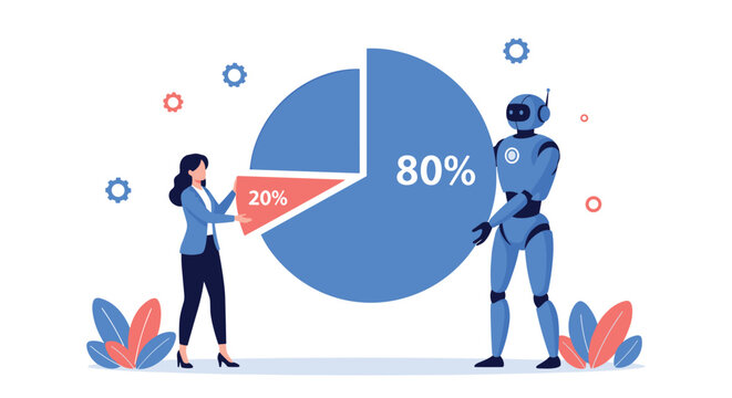 Woman and blue robot holding parts of a pie chart showing division of labor between humans and artificial intelligence.