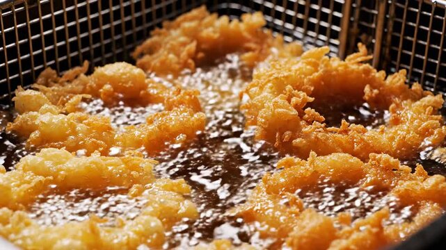Battered onion rings deep frying in a metal fryer basket