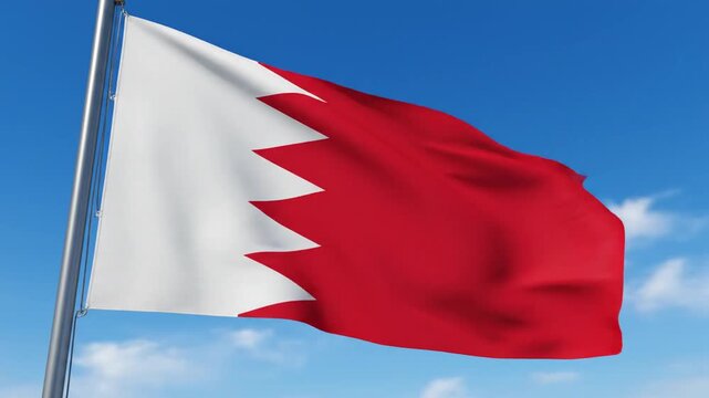 Majestic waving national flag of Bahrain featuring vertical white band and red field divided by five serrated triangle shapes representing Islamic pillars against blue sky background in 4K resolution