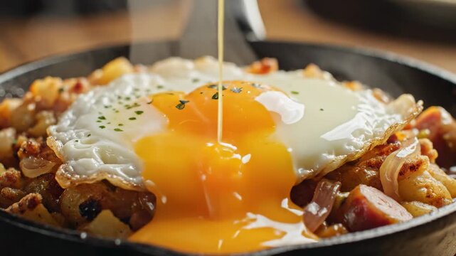 Sunny side up egg on potato and sausage hash in a cast iron skillet