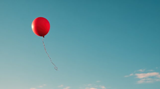 untied. A single red balloon floating upwards in a clear blue sky, its untied string gently swaying. wellbeing guides.