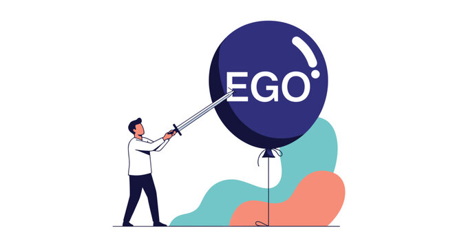 Courageous man using a sharp sword to pop a massive dark balloon labeled ego to represent humility or self-awareness.