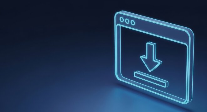 Neon blue download icon on a dark digital interface, representing file transfer and online data access.