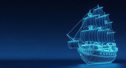 Obraz premium Wireframe Tall Ship Illustration on Dark Blue Gradient Background