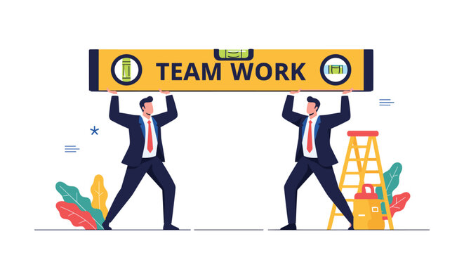 Two professional men in suits working together to hold up a large yellow spirit level tool with the text team work.