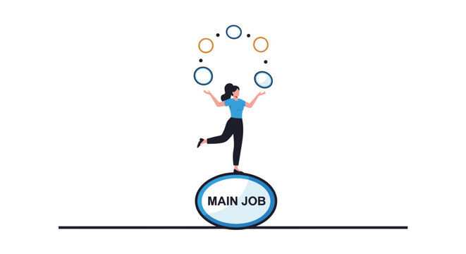 Highly talented woman balancing on a large ball labeled main job while juggling multiple smaller colorful spheres.