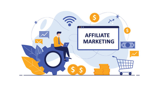 Businessman sitting on a large blue gear while working on a laptop next to the text affiliate marketing and coins.