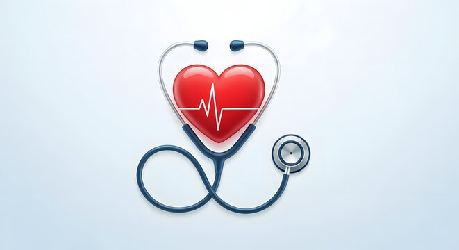 3D vector illustration of a red heart with a stethoscope and a love symbol as a health concept icon for World Health Day celebrations and medical-themed love designs.
