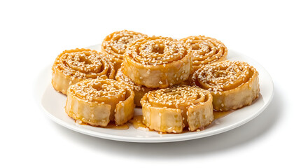 Fototapeta premium Golden baked cinnamon rolls sprinkled with sesame seeds on a white plate, isolated on transparent background