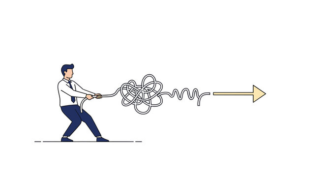 Businessman pulling a tangled rope to straighten it into an arrow, representing problem solving, simplification, and strategic planning.