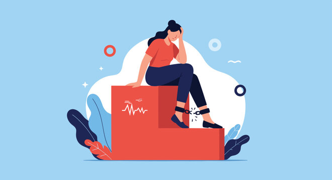 Sad woman sitting on blocks with chains on her ankles, representing feeling trapped, limitations, or emotional burden in a creative style.