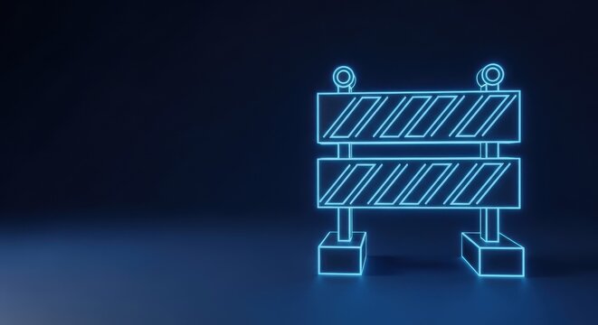 Glowing blue neon construction barrier blocking access with warning stripes