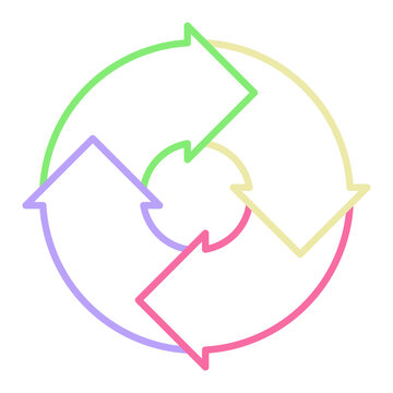 Colorful circular arrow icons in four colors: Recycling and cycle process symbols. Vector Illustration. 