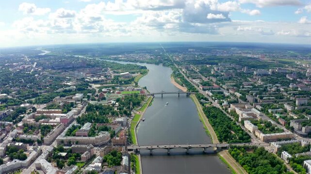 Panorama of the city of Tver, Russia. Drone footage. Volga River. Drone footage