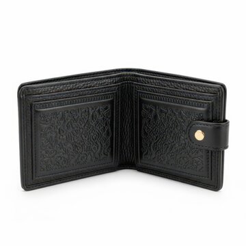 A black leather wallet with a gold button