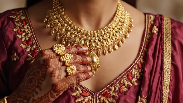 Woman wearing traditional indian jewelry and henna on her hands for a wedding or special occasion