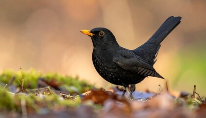 Obraz premium Blackbird Foraging in Autumn - A Detailed Portrait of a Common Bird.
