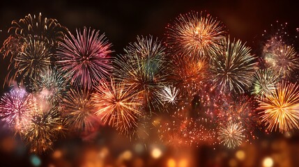 Fototapeta premium Vibrant New Year's Eve Fireworks Display with Glittering Sparks and Bokeh Lights, Festive Celebration and Joyful Atmosphere