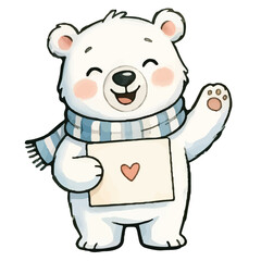 Obraz premium Teddy bear holding balloons and gift in cute cartoon style