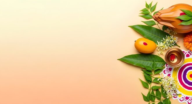 Traditional Ugadi or Gudi Padwa Background with Mango, Neem Leaves, Kalash, and Colorful Rangoli on Beige Backdrop