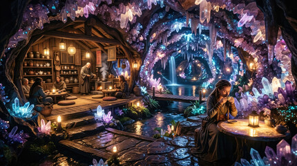 Fototapeta premium A fantasy-themed indoor space with glowing crystal formations and ambient lighting.